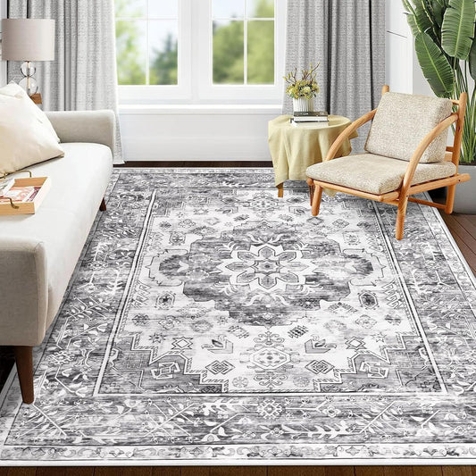 Alfombra bohemia lavable de 5 x 7 pies para sala de estar, alfombra vintage