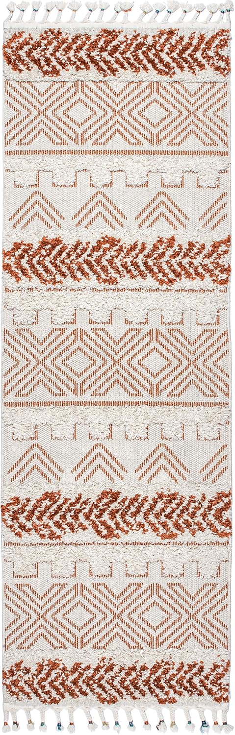 Zuri Alfombra tribal lanuda con bandas, 2 pies 6 pulgadas x 8 pies, óxido