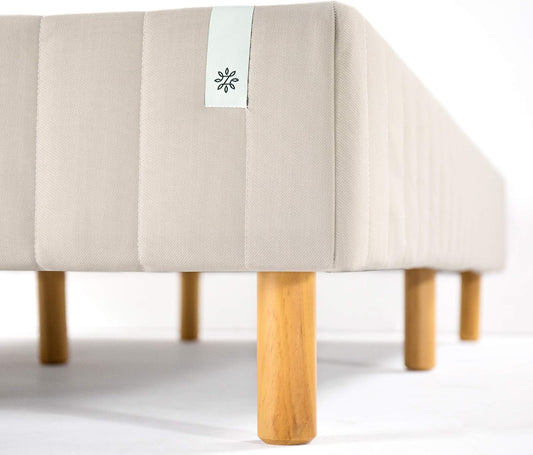 Colchón Justina con somier tipo plataforma y patas, Acero Tela Madera, Beige