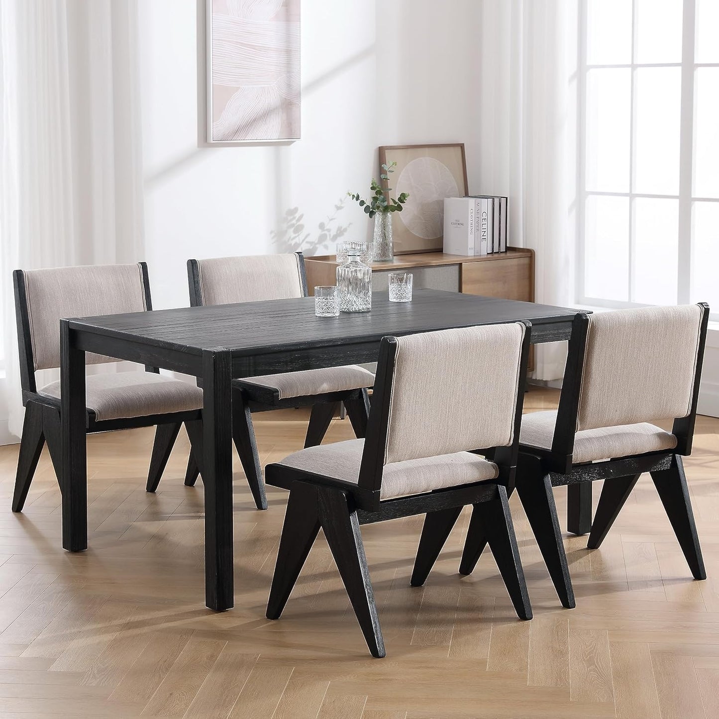 Juego de 2 sillas de comedor color beige, modernas de mediados de siglo, sillas