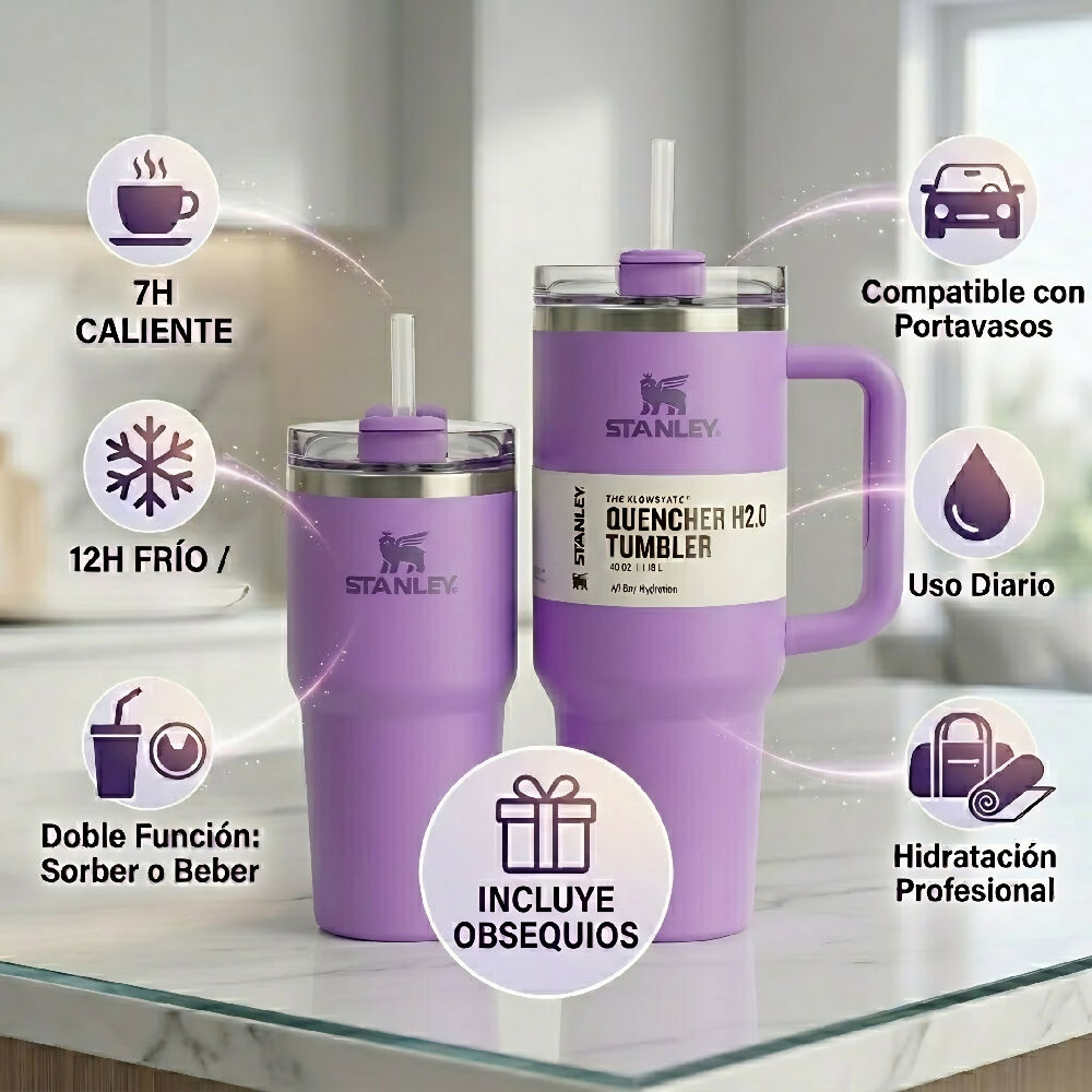 Combo Dúo Termo Stanley De Alta Resistencia Con Accesorios Sorpresa Morado