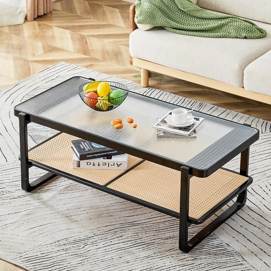 Mesa de centro rectangular moderna de ratán de vidrio, mesa de té de doble