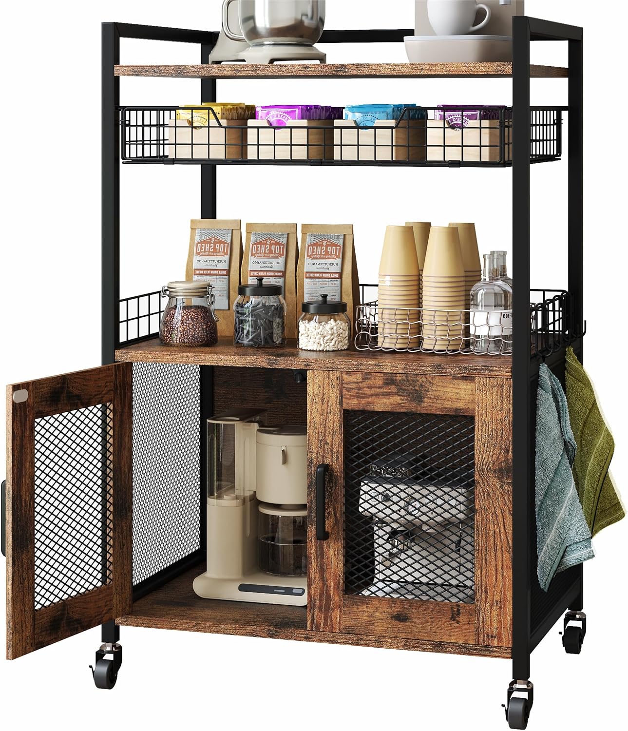 Gabinete de barra de café, mesa de estación de café de 3 niveles con ruedas,