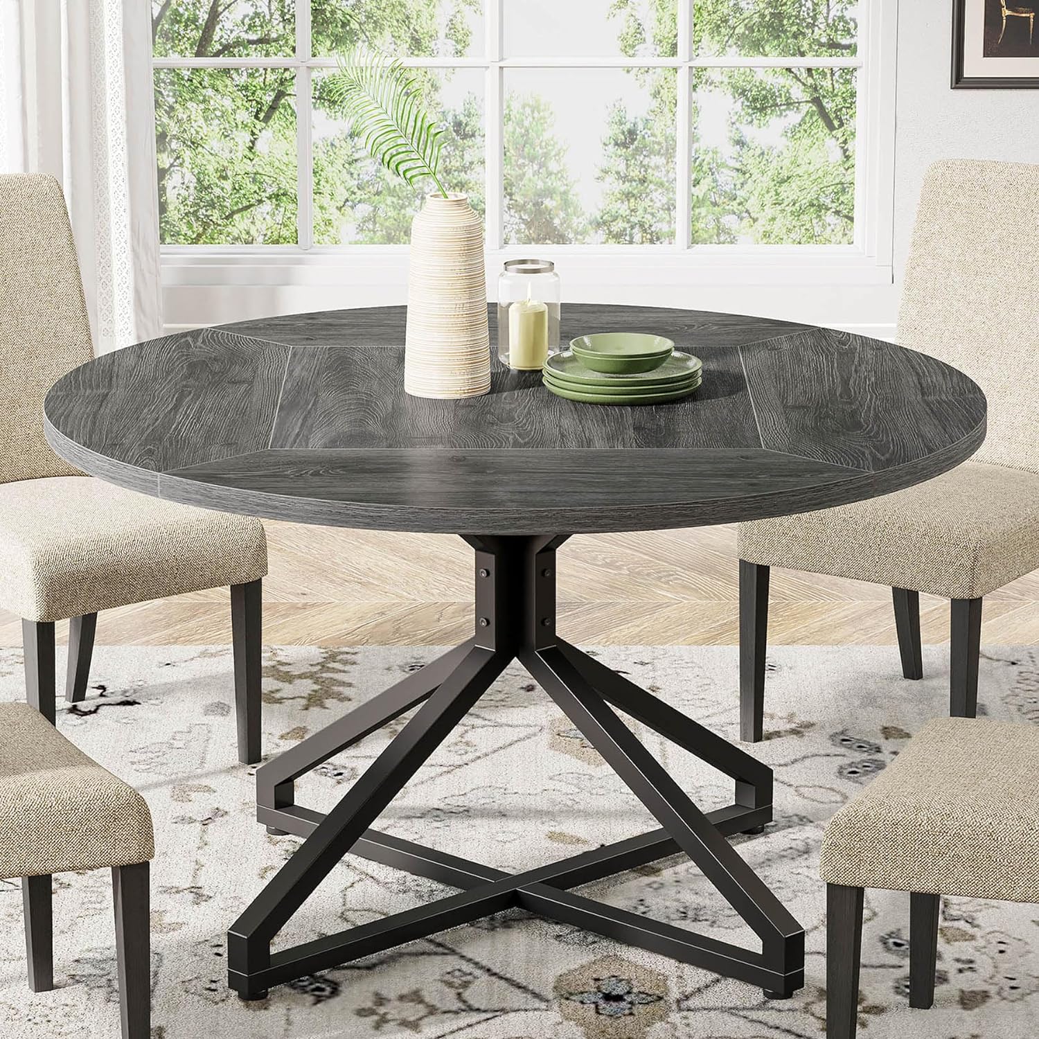 Round Dining Table for 4-6 People, 47-Inch Circle Kitchen Table Dining Room