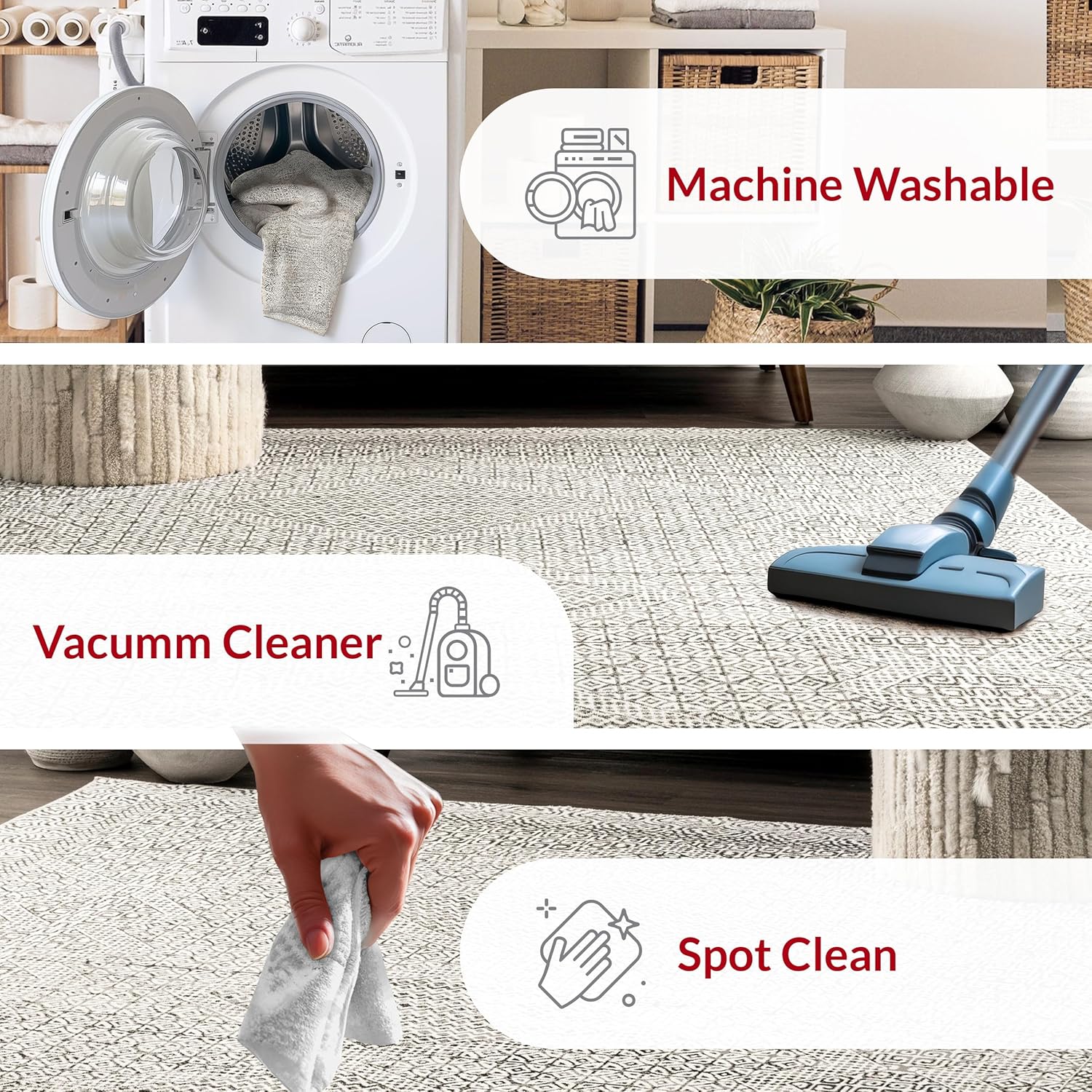 SpinClean Alfombra de área lavable a máquina, resistente a las manchas con