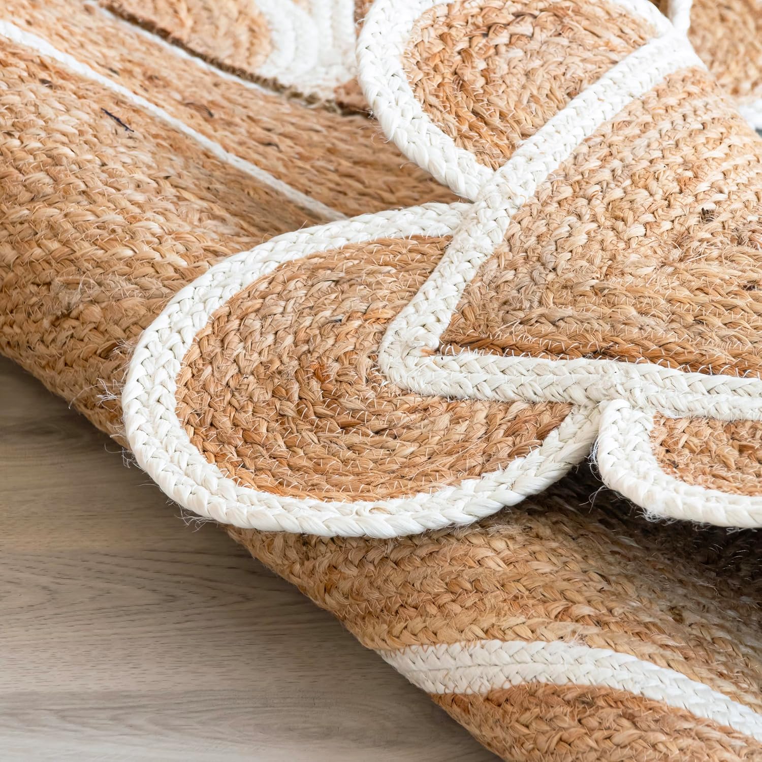 Alfombra festoneada de yute natural, base natural, borde blanco hueso, 2 pies x...