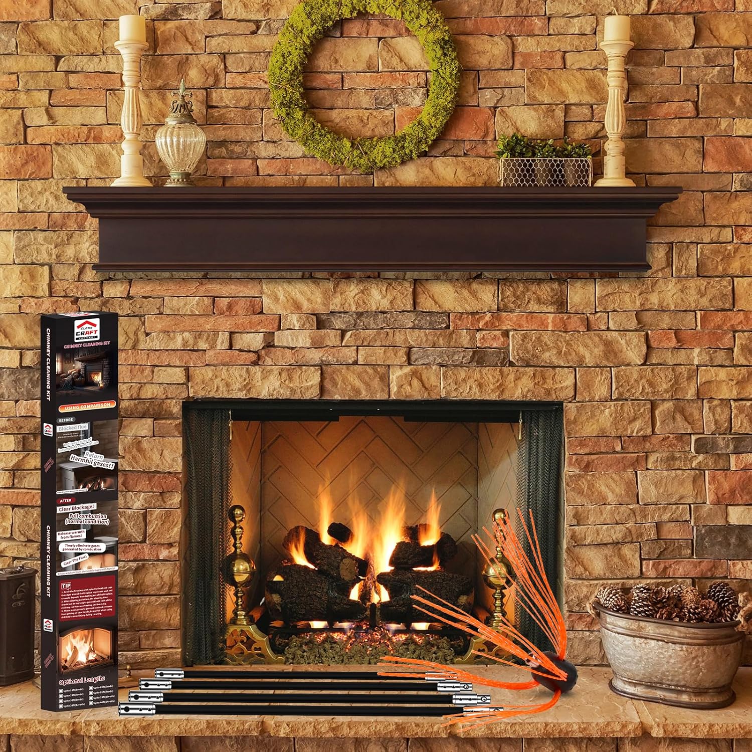 Kit de limpieza de chimenea de 16 pies, kit de limpieza de chimenea con 5...