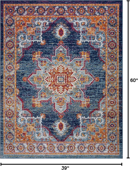 Mila - Alfombra azul de 3 x 5 pies, alfombra de área para sala de estar,...