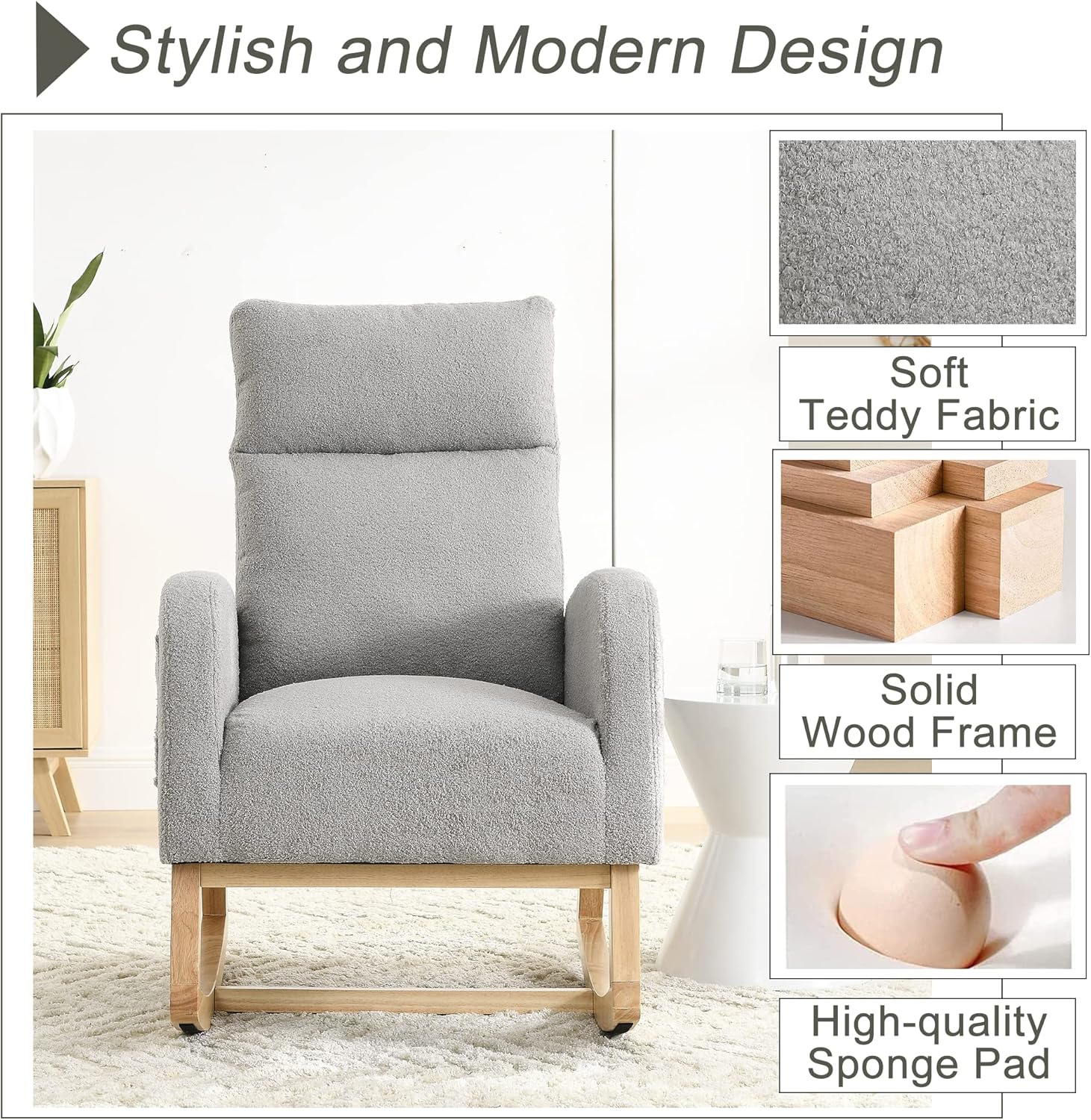 Mecedora para guardería con patas de madera maciza, silla deslizante para...