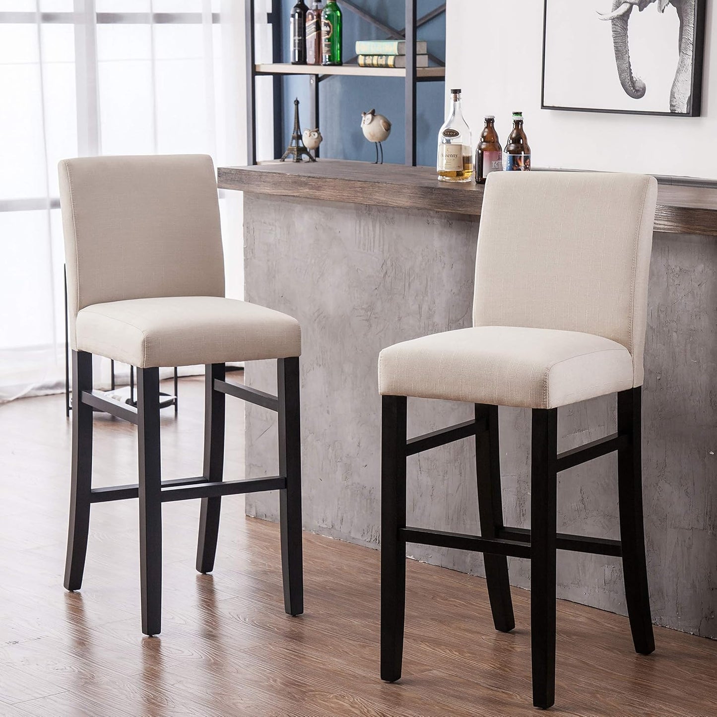 Juego de 2 taburetes de bar de madera beige, diseño ergonómico con soporte para