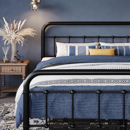 Base de cama de metal tamaño Queen con cabecera curvada de hierro forjado,