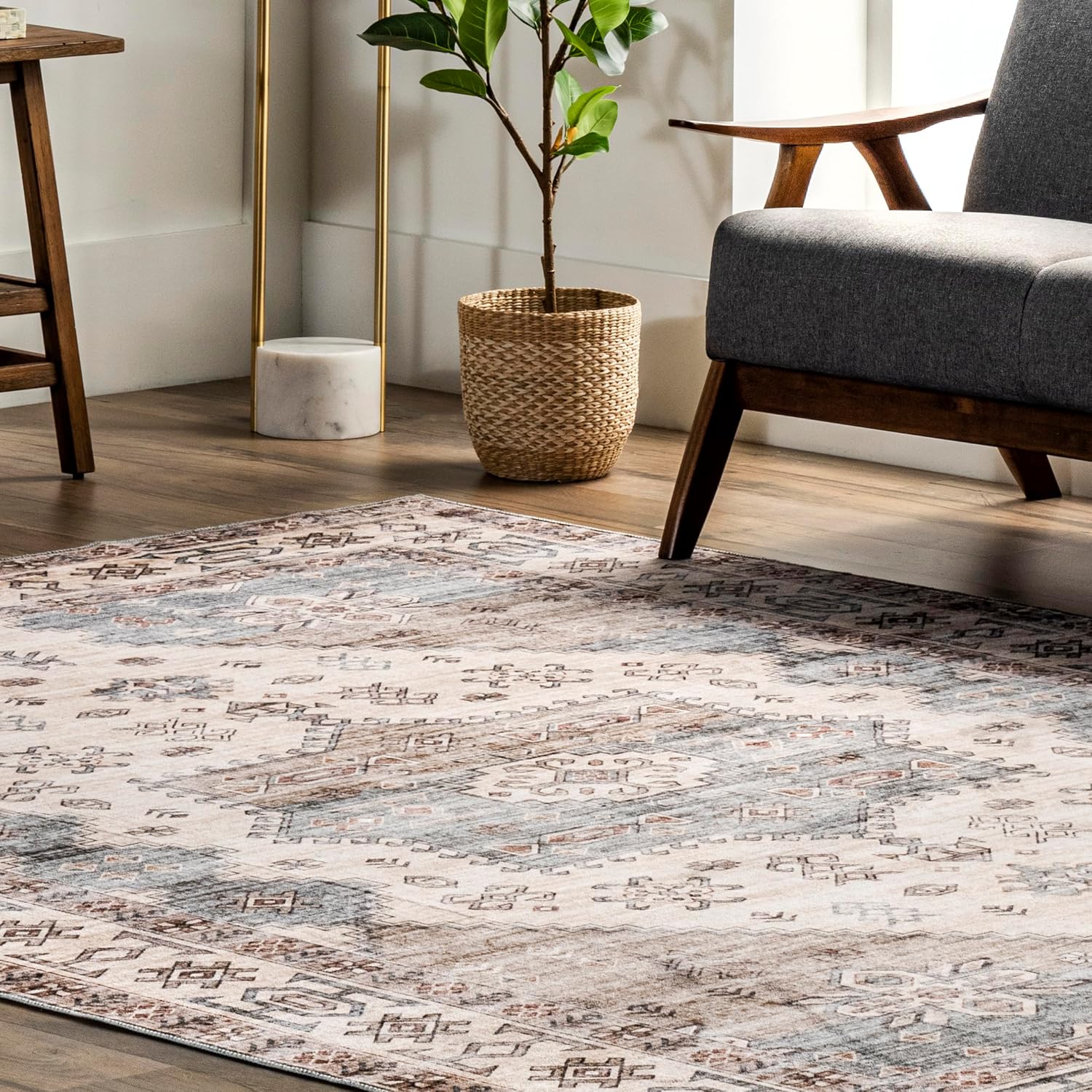 SpinClean Alfombra de área lavable a máquina, resistente a las manchas con base