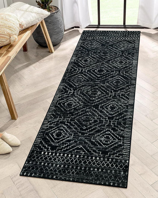 Alfombra de pasillo de cocina lavable de 2 x 6, tapete marroquí negro para
