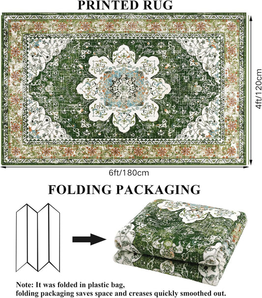 Alfombra bohemia vintage de 4 x 6 pies, lavable a máquina, de pelo bajo, no