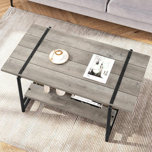 Towallmark Mesa auxiliar de madera de 2 niveles, mesa de centro de granja con...