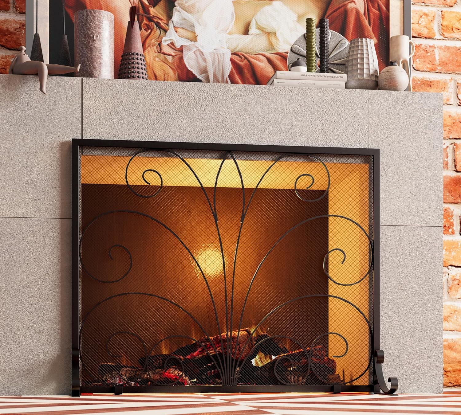 Pantalla de chimenea, malla decorativa de hierro forjado hecha a mano, malla de