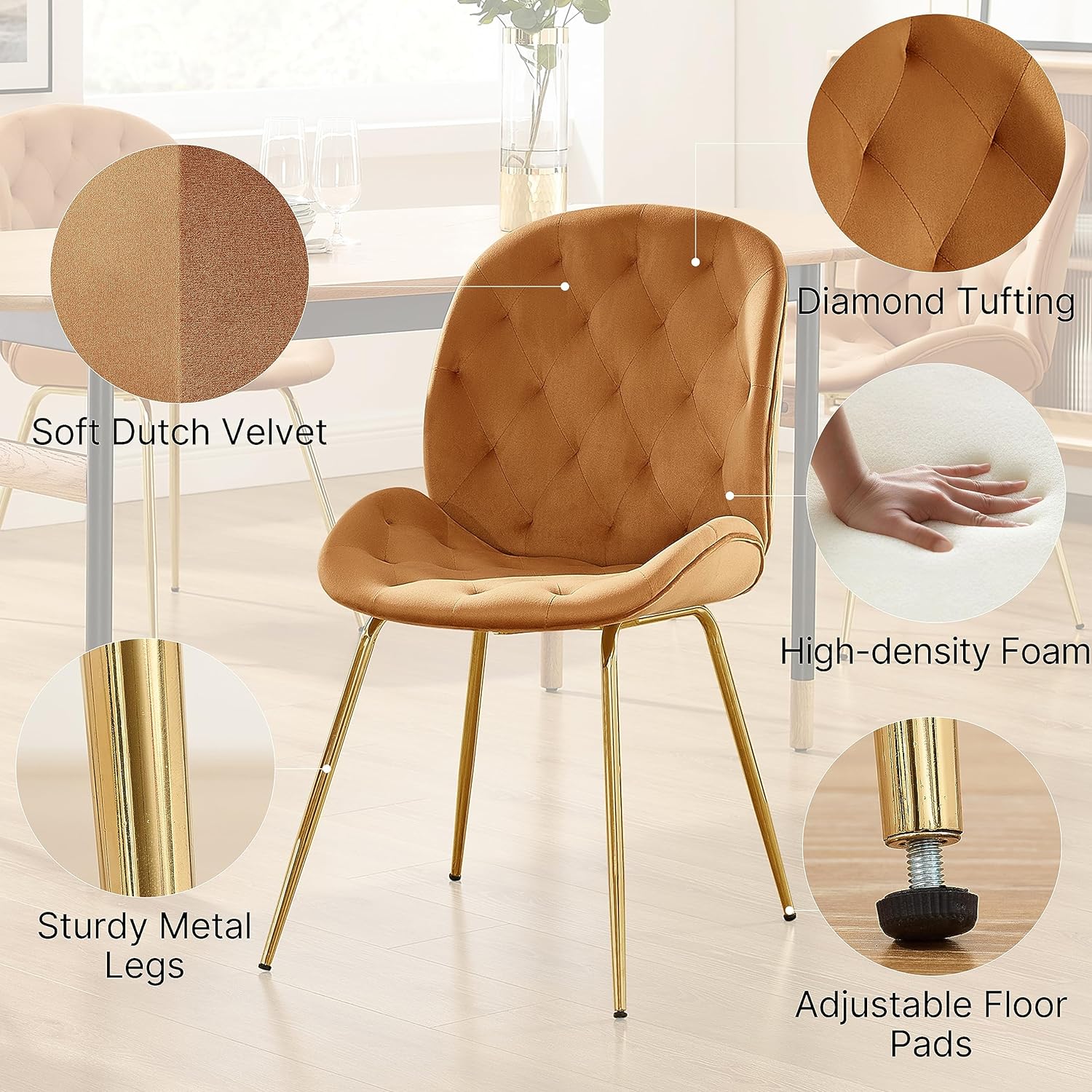 Silla de tocador, silla de comedor tapizada de terciopelo moderno de mediados