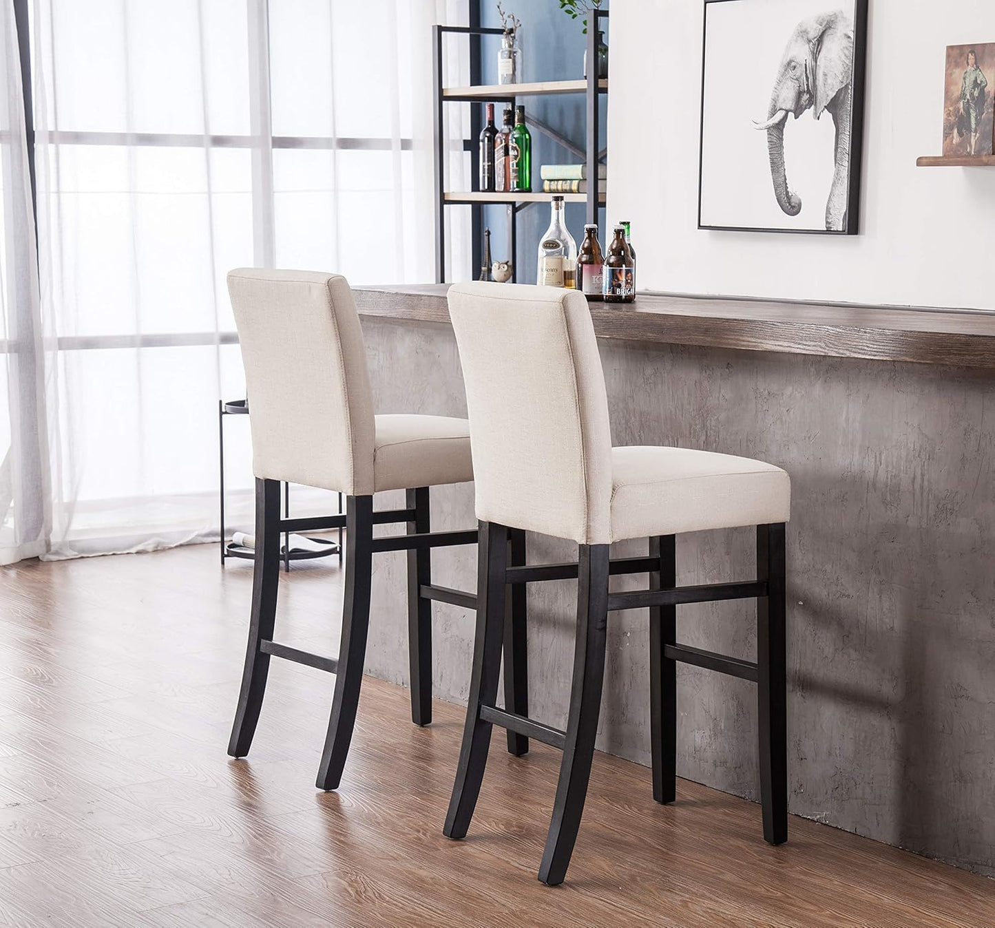 Juego de 2 taburetes de bar de madera beige, diseño ergonómico con soporte para