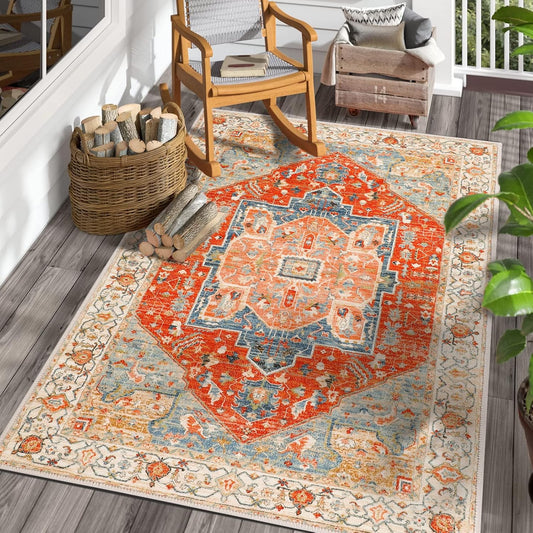Alfombra bohemia de 3 x 5 pies, lavable, vintage, para interiores, con...