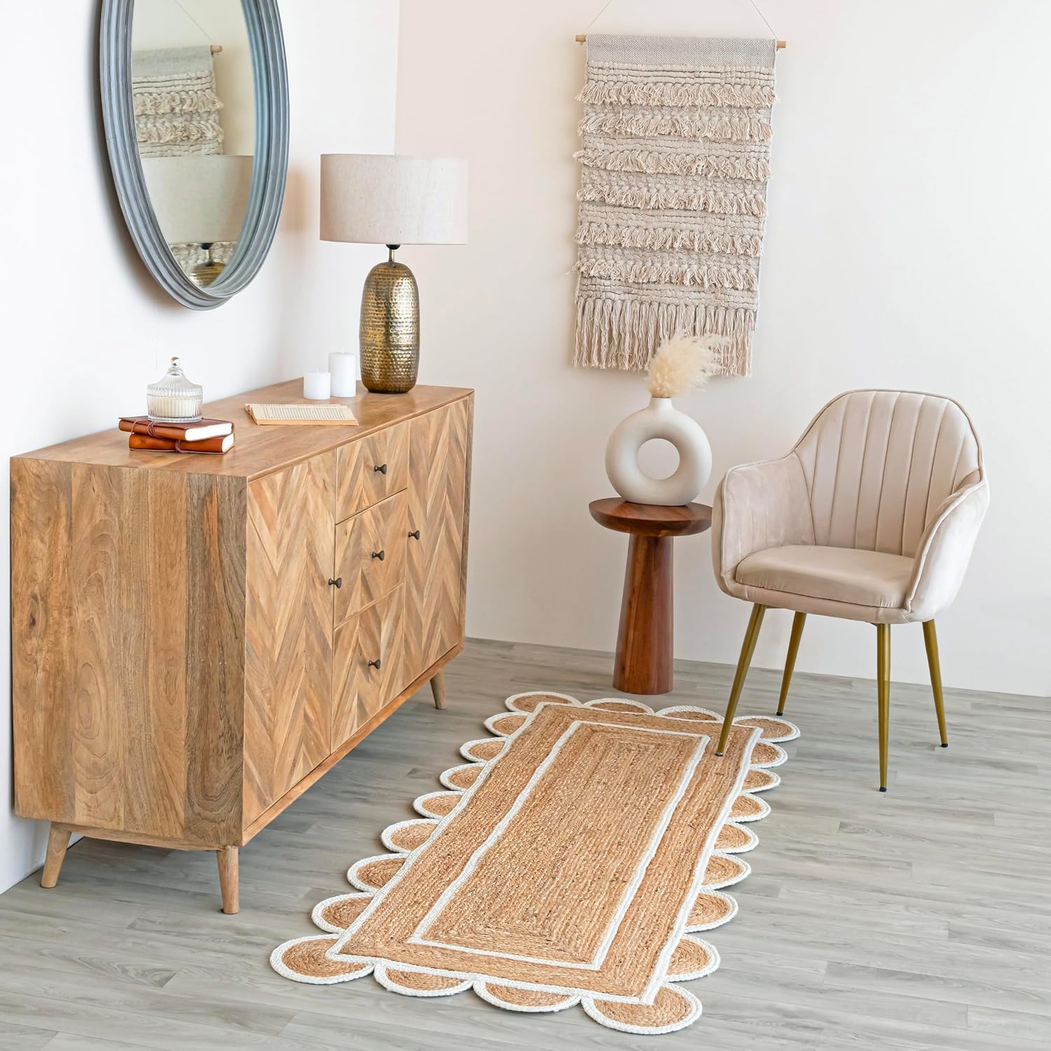 Alfombra festoneada de yute natural, base natural, borde blanco hueso, 2 pies x...