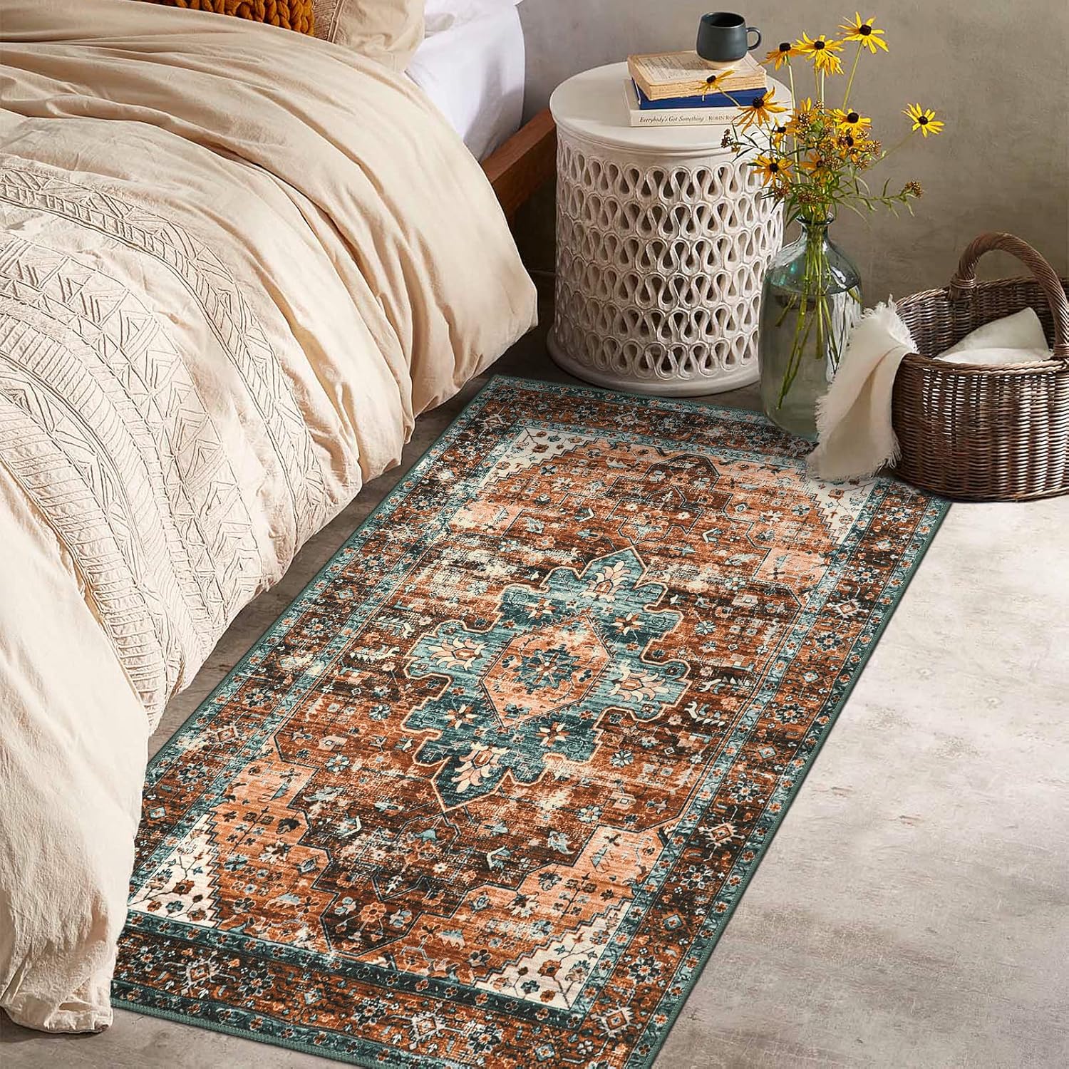 Moynesa Alfombra ultrafina lavable vintage de 3 x 5 pies, estilo bohemio,...