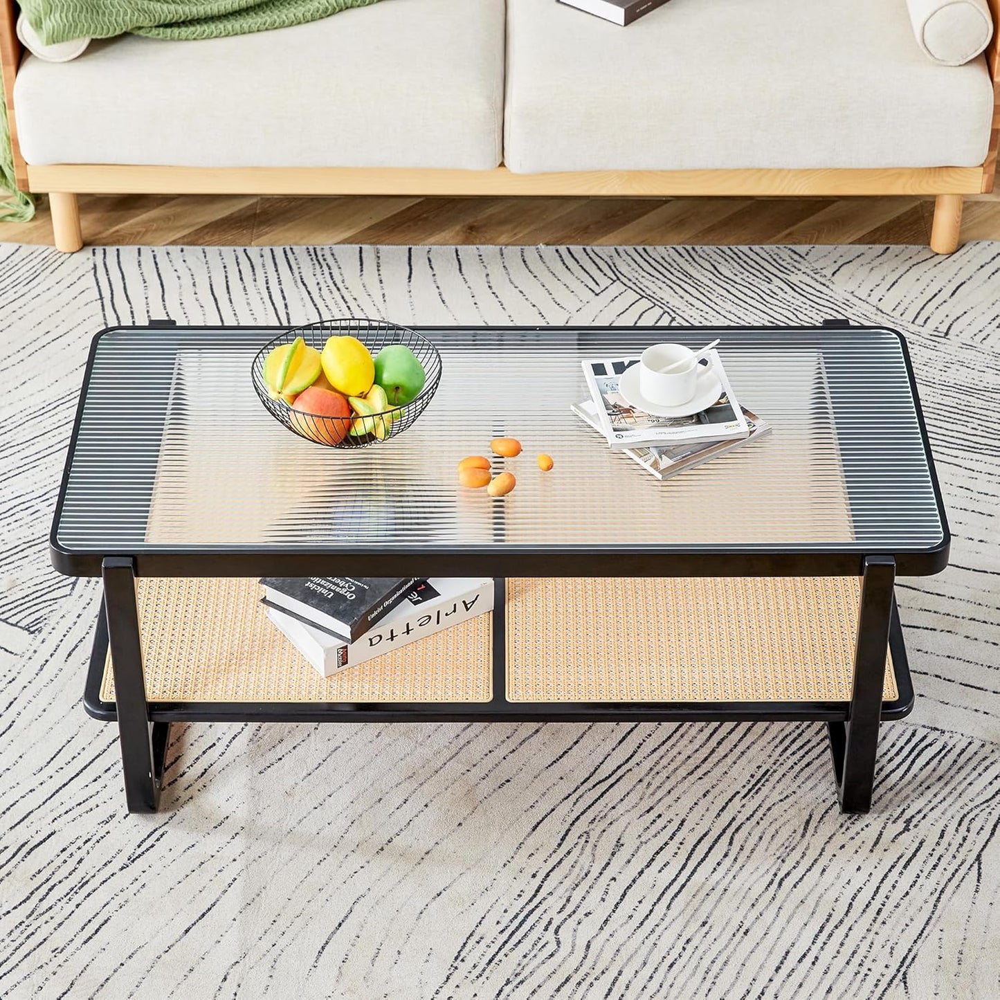 Mesa de centro rectangular moderna de ratán de vidrio, mesa de té de doble