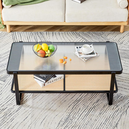 Mesa de centro rectangular moderna de ratán de vidrio, mesa de té de doble