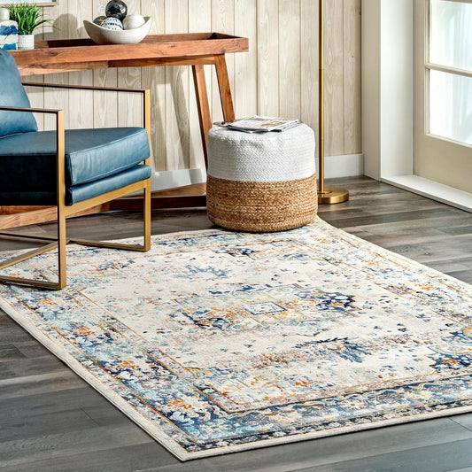 Ainsley Alfombra decorativa de medallón envejecida, 3 x 5, color azul