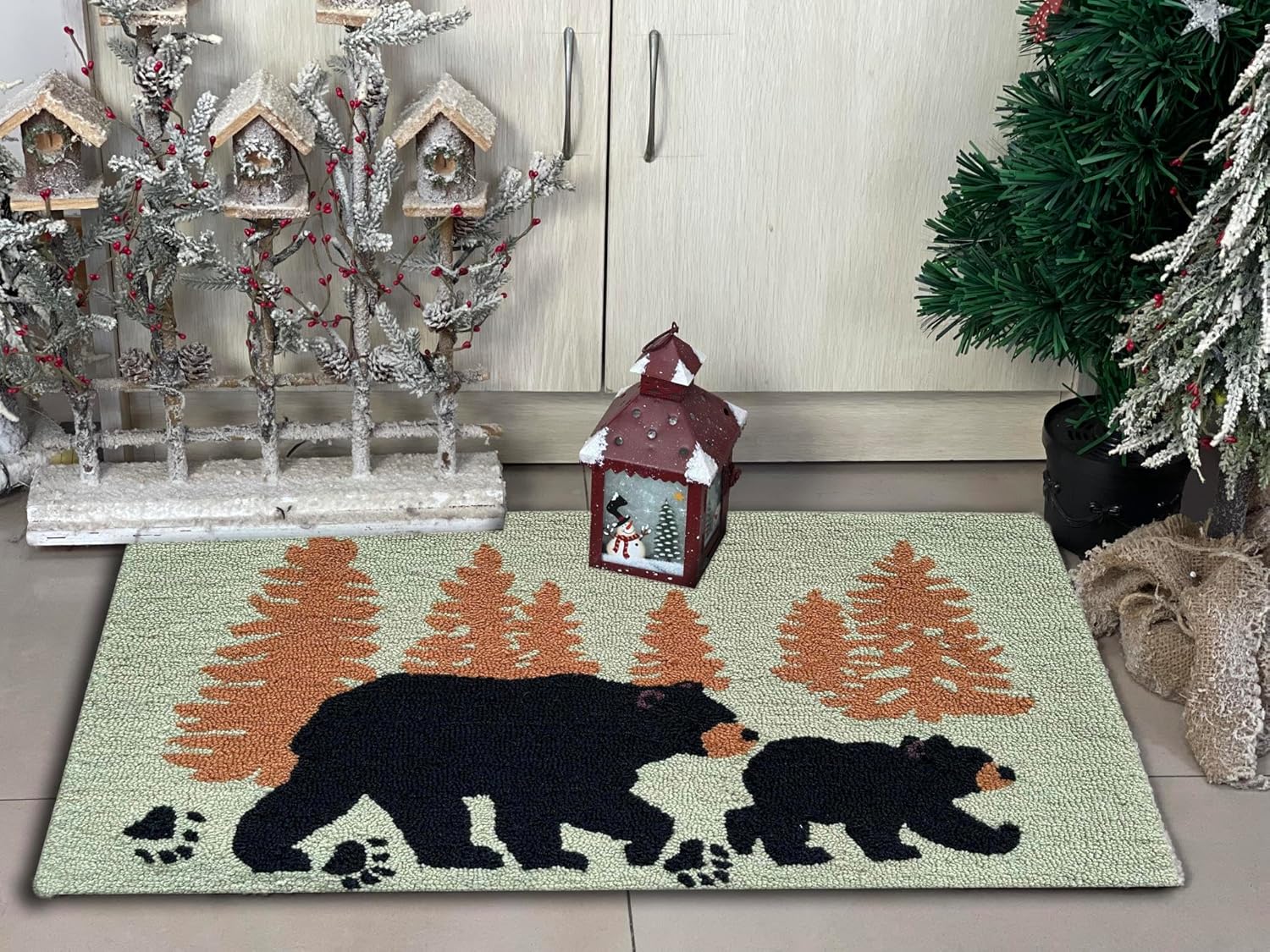Woodland Bear Tree Silhouette Alfombra decorativa enganchada a mano, 28.5 x 17...