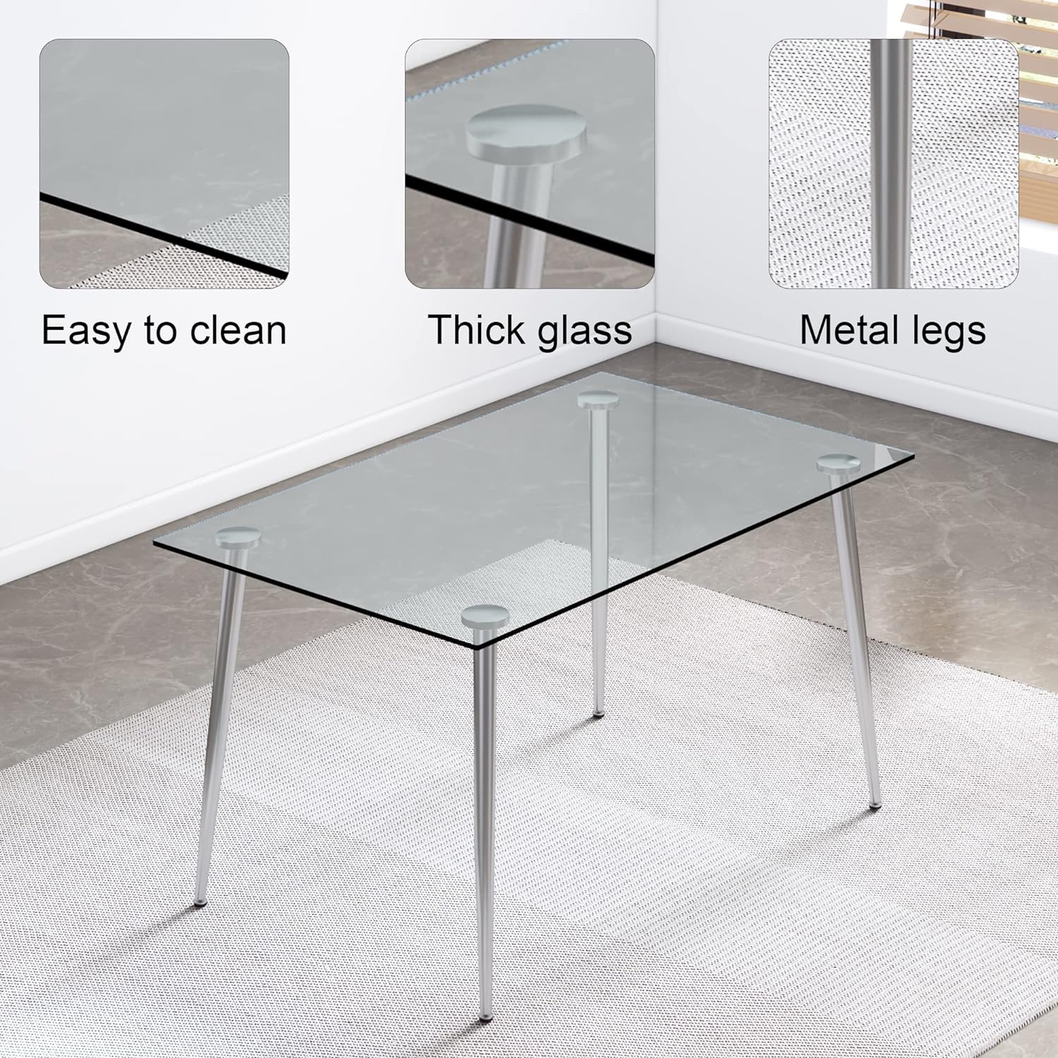 Mesa de comedor rectangular moderna y minimalista de cristal para 4 a 6