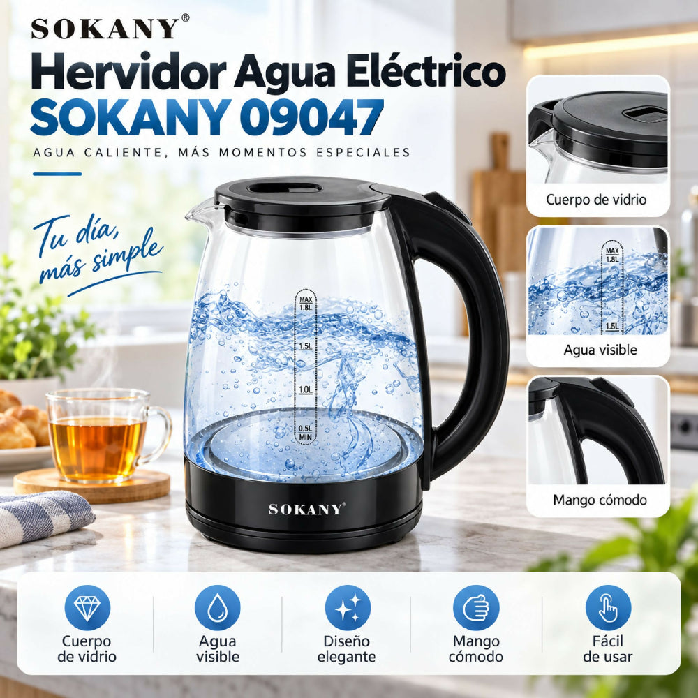 Hervidor De Agua Eléctrico De Vidrio Sokany 2L SK-09047 Ebullición Rápida Y Diseño Transparente
