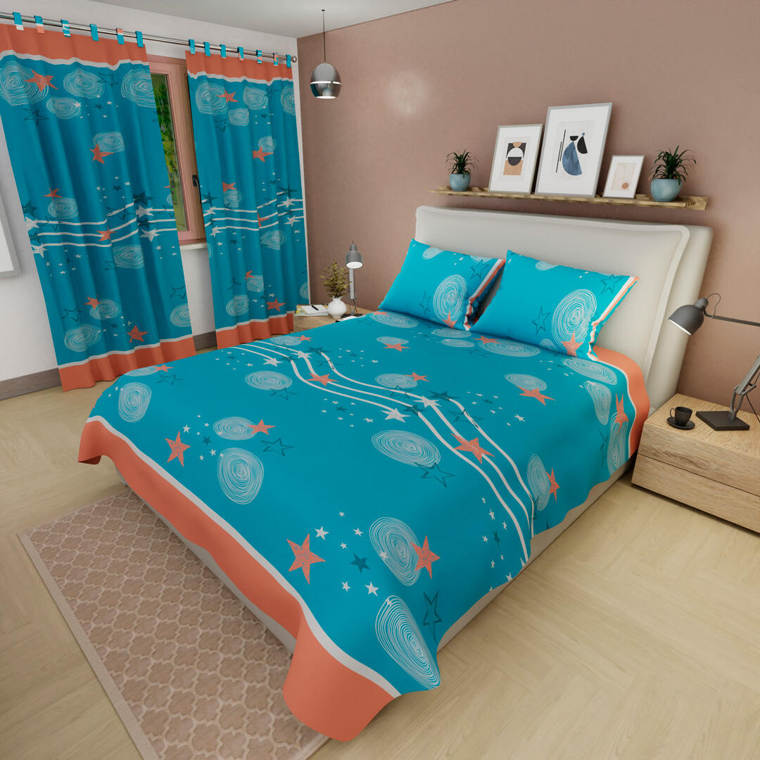 Juego de Sábanas con Cortinas Azul Patrón Estrellas Ultra Suave 1.60 X 1.90