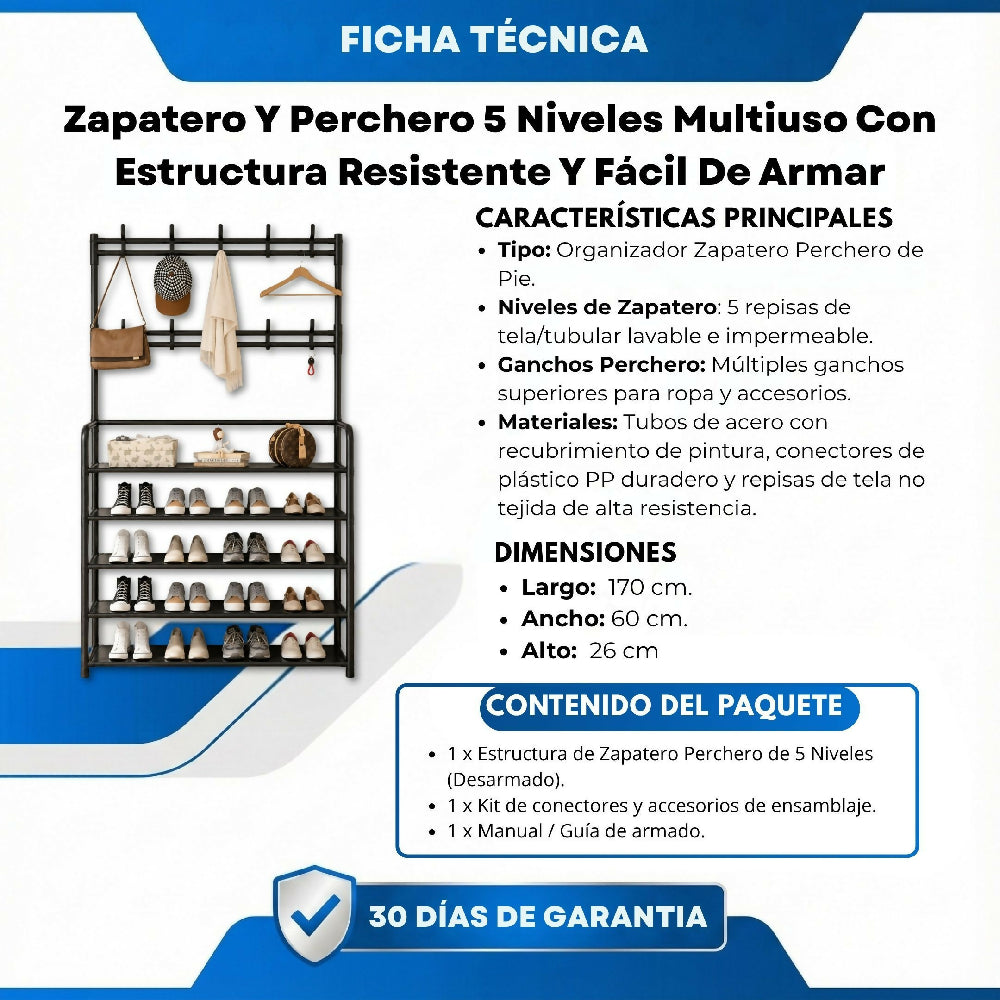 Zapatero Y Perchero 5 Niveles Multiuso Con Estructura Resistente Y Fácil De Armar