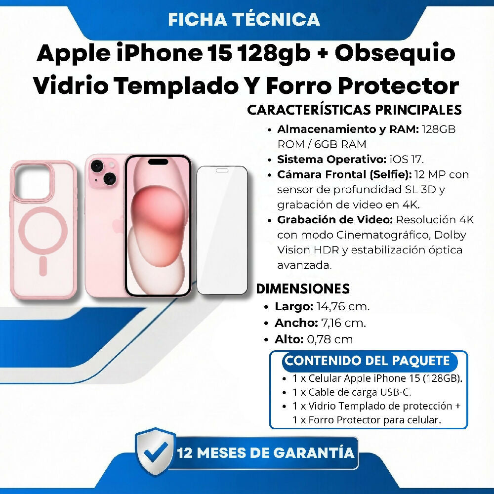 Celular Apple IPhone 15 128gb + Obsequio Vidrio Templado Y Forro Protector Rosado
