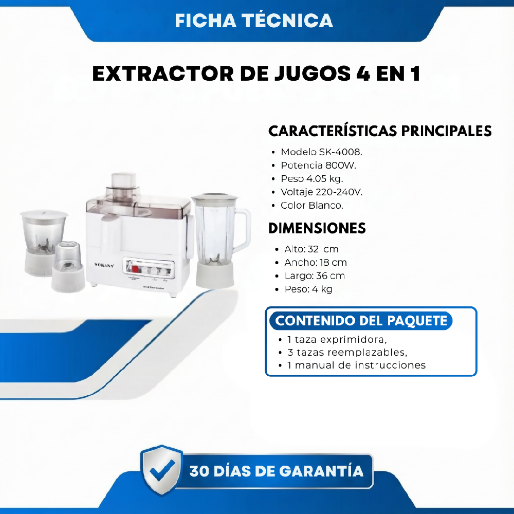 Extractor De Jugos 4 En 1 Procesador Multifuncional Para Frutas, Verduras Y Preparaciones Naturales