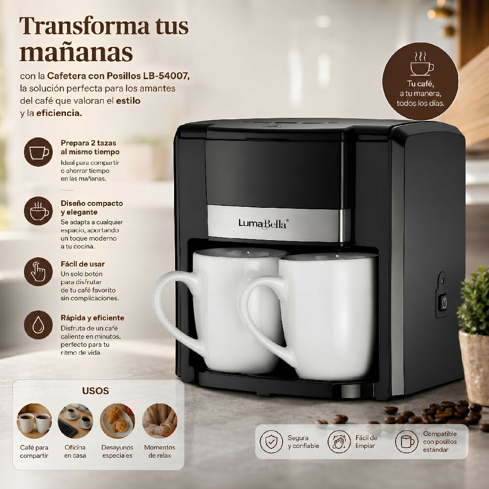 Cafetera Eléctrica Dos Tazas LB-54007 Diseño Compacto para Hogar