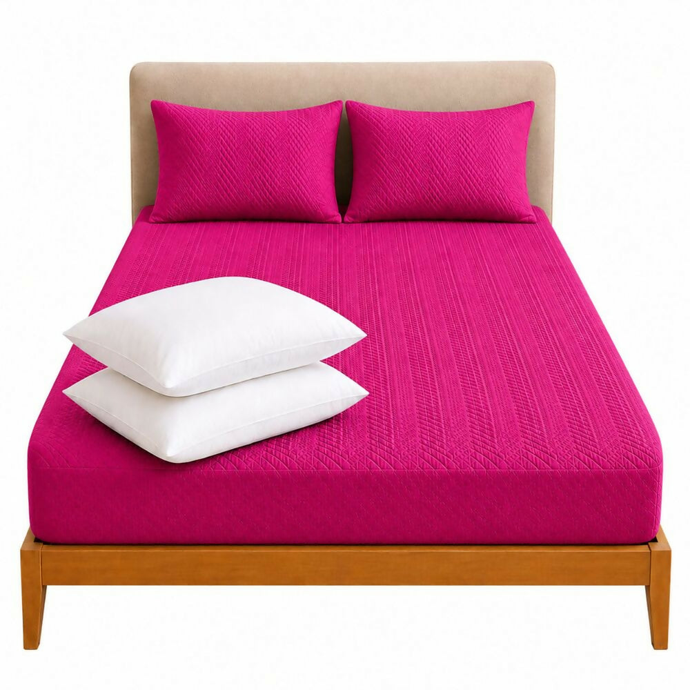 Combo protector colchon + 2 almohadas siliconadas queen fucsia
