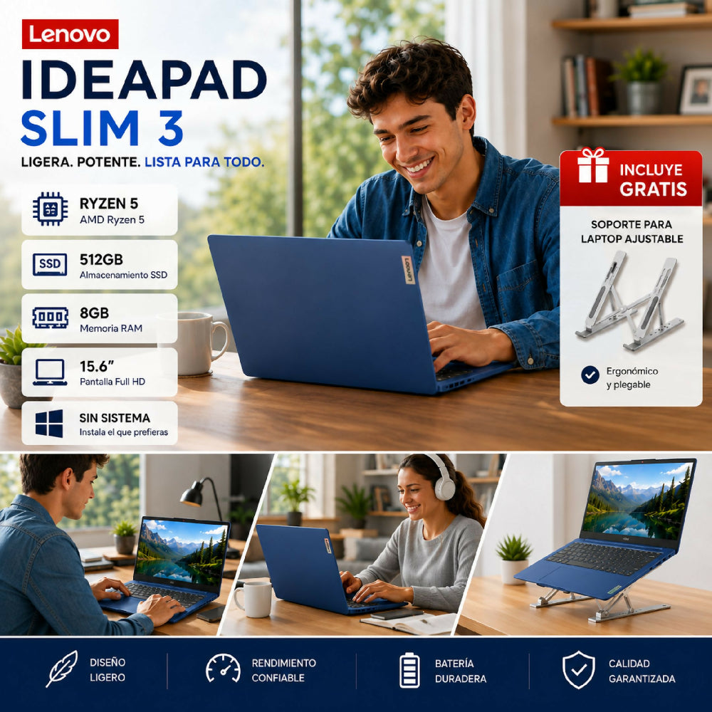 Portátil Lenovo Slim 3 Ryzen 5 512gb Ssd 8gb Ram Sin Sistema Con Obsequio