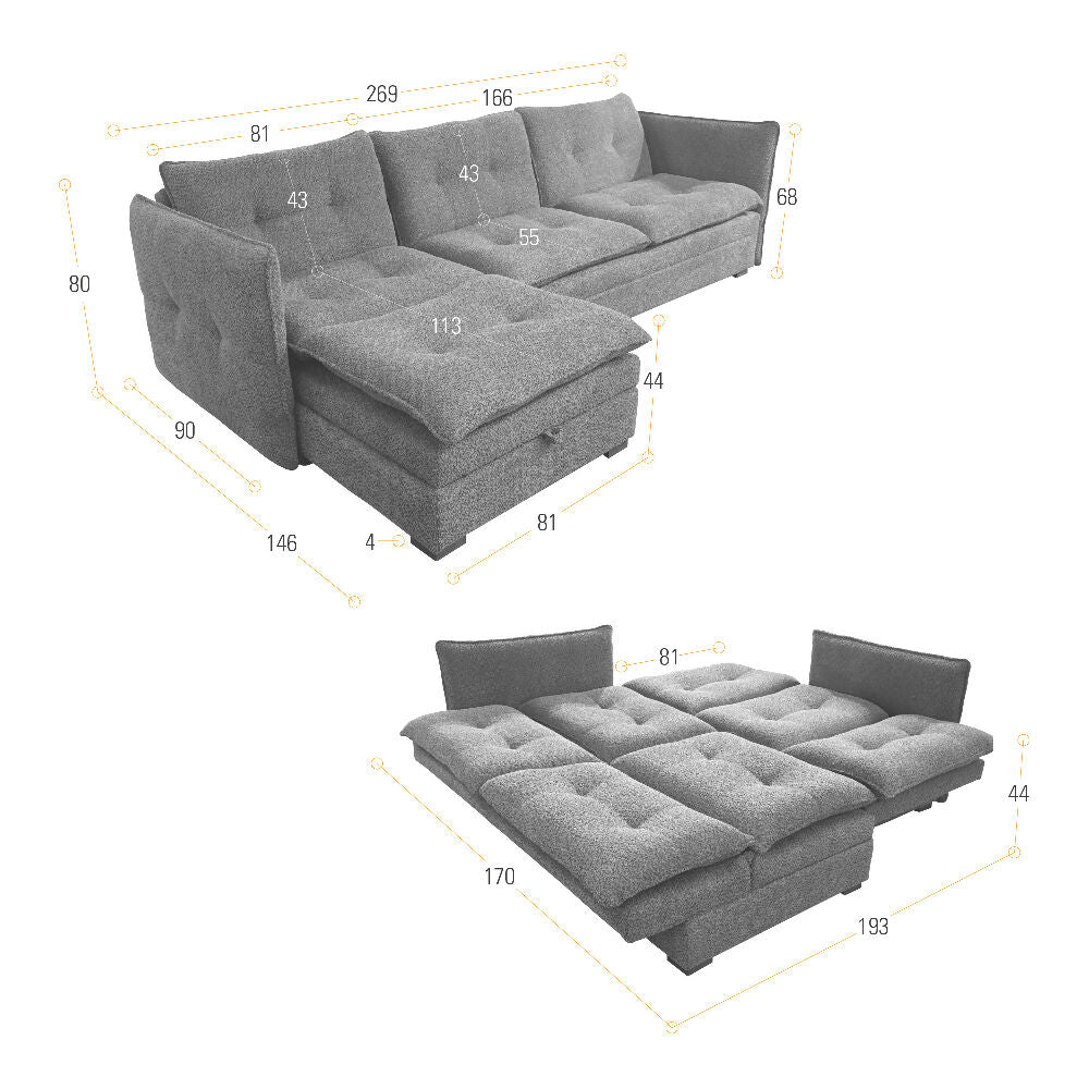 Sofa Cama en L Napoles 269x146x80 Con Baul Derecho Tapizado Trigo
