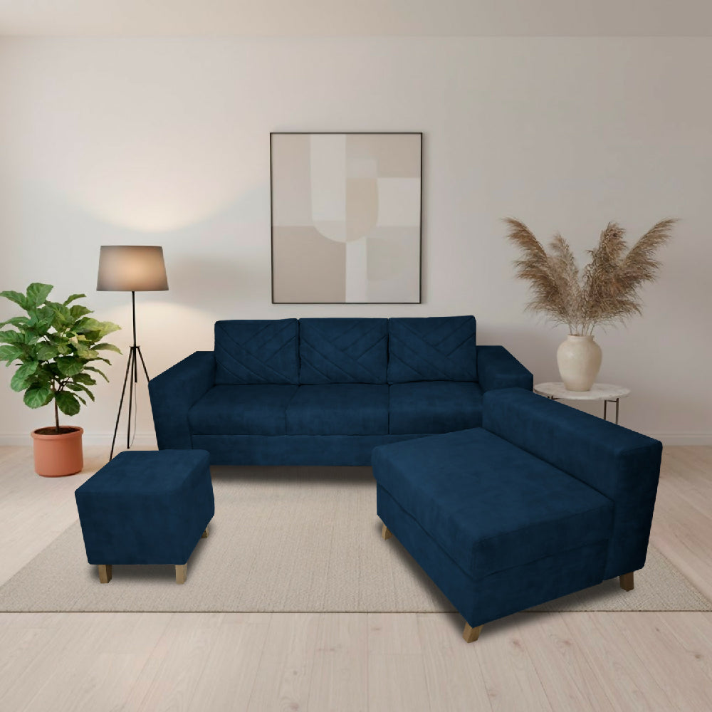 Sala Amsterdam + Silla + Puff en Tela Amiglable Con Mascotas 205X72X155 Cm Azul Petroleo