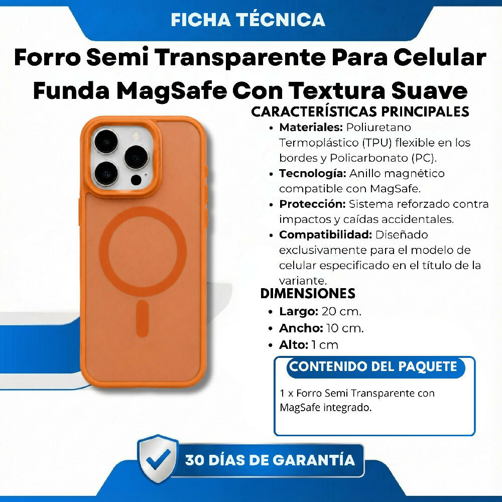 Forro Semi Transparente Para Celular Funda MagSafe Con Textura Suave Iphone 13 Pro Naranja