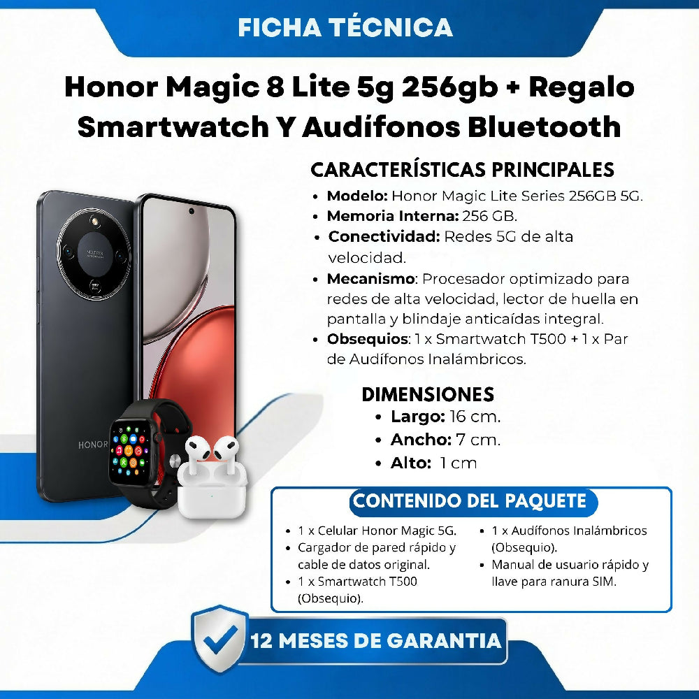 Honor Magic 8 Lite 5g 256gb Negro + Regalo Smartwatch Y Audífonos Bluetooth