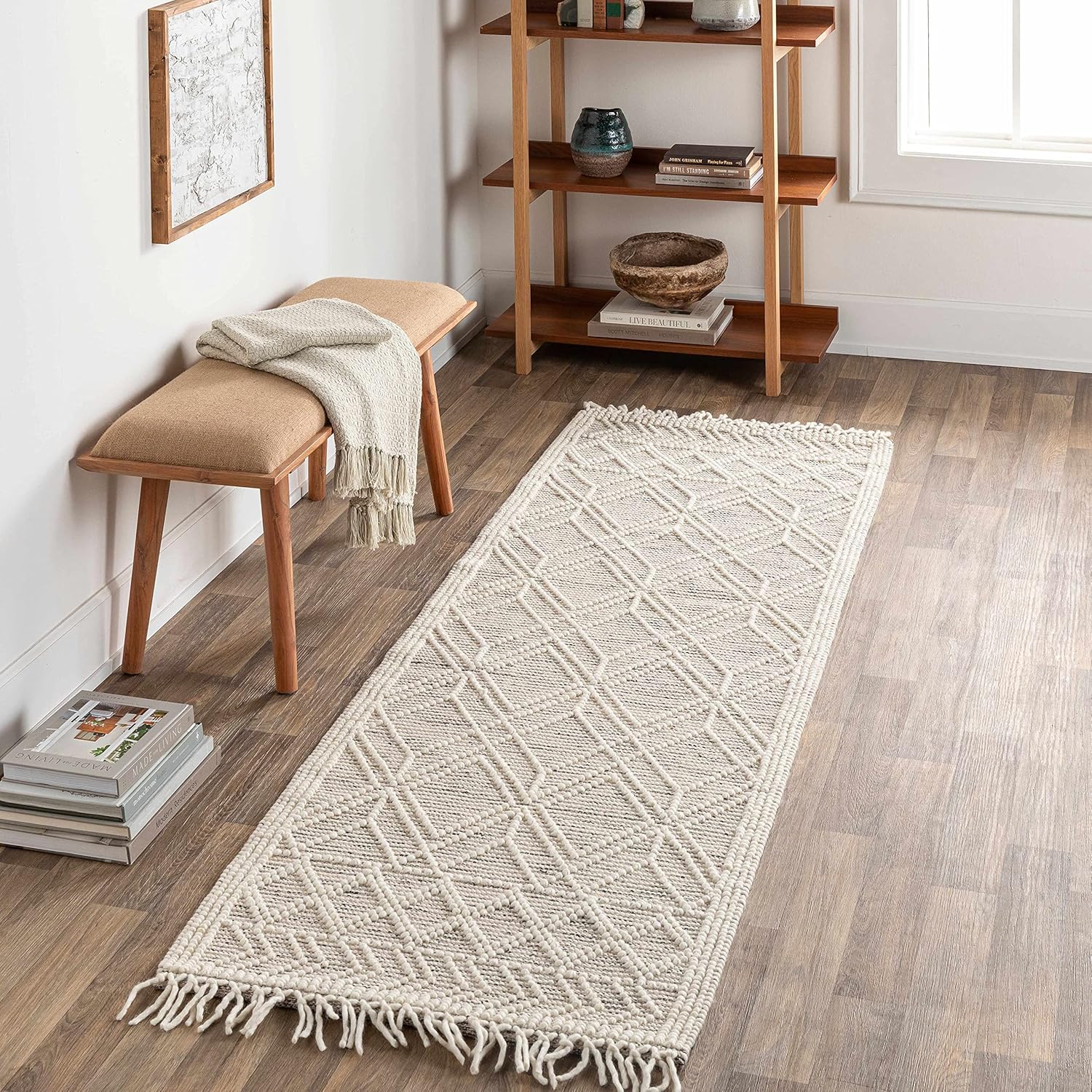 Ramsbury Alfombra marroquí de lana con borlas, alta y baja, lana con enrejado