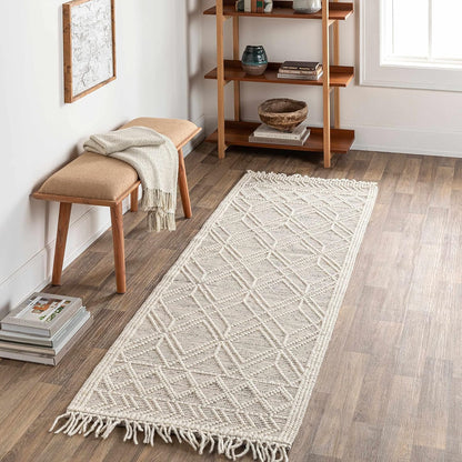 Ramsbury Alfombra marroquí de lana con borlas, alta y baja, lana con enrejado