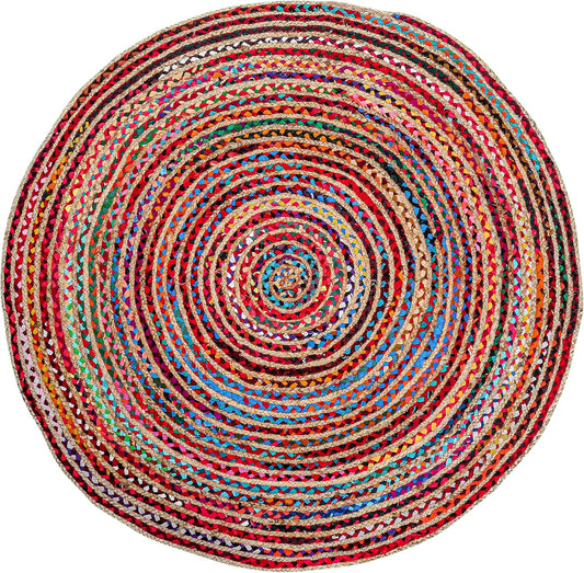Alfombra redonda de yute tejida a mano de 3 pies - Alfombras bohemias coloridas...