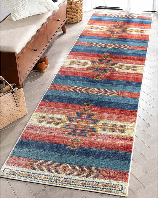 Alfombra con medallón tribal del suroeste en azul cantón, carmesí