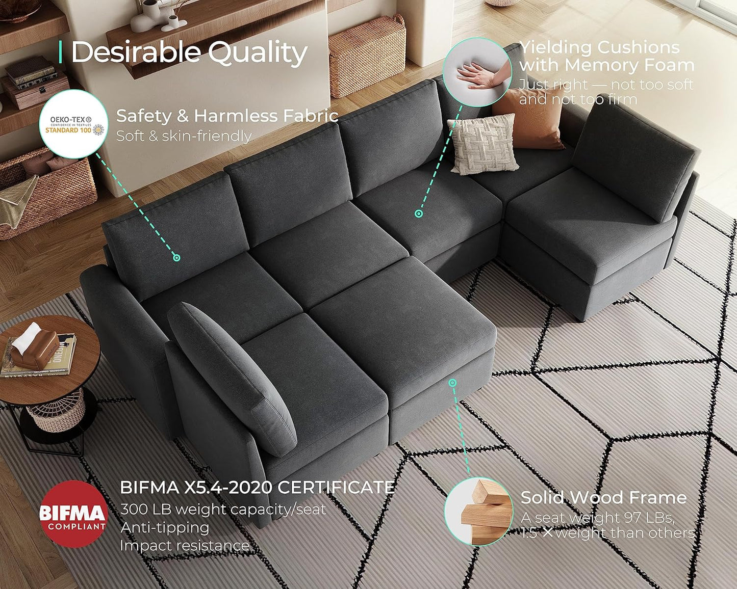 LINSY HOME Sofá modular seccional, sofá de gran tamaño en forma de U con...