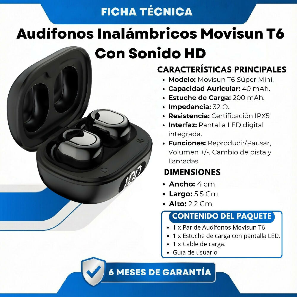 Audífonos Inalámbricos Movisun T6 Con Sonido HD Y Estuche De Carga