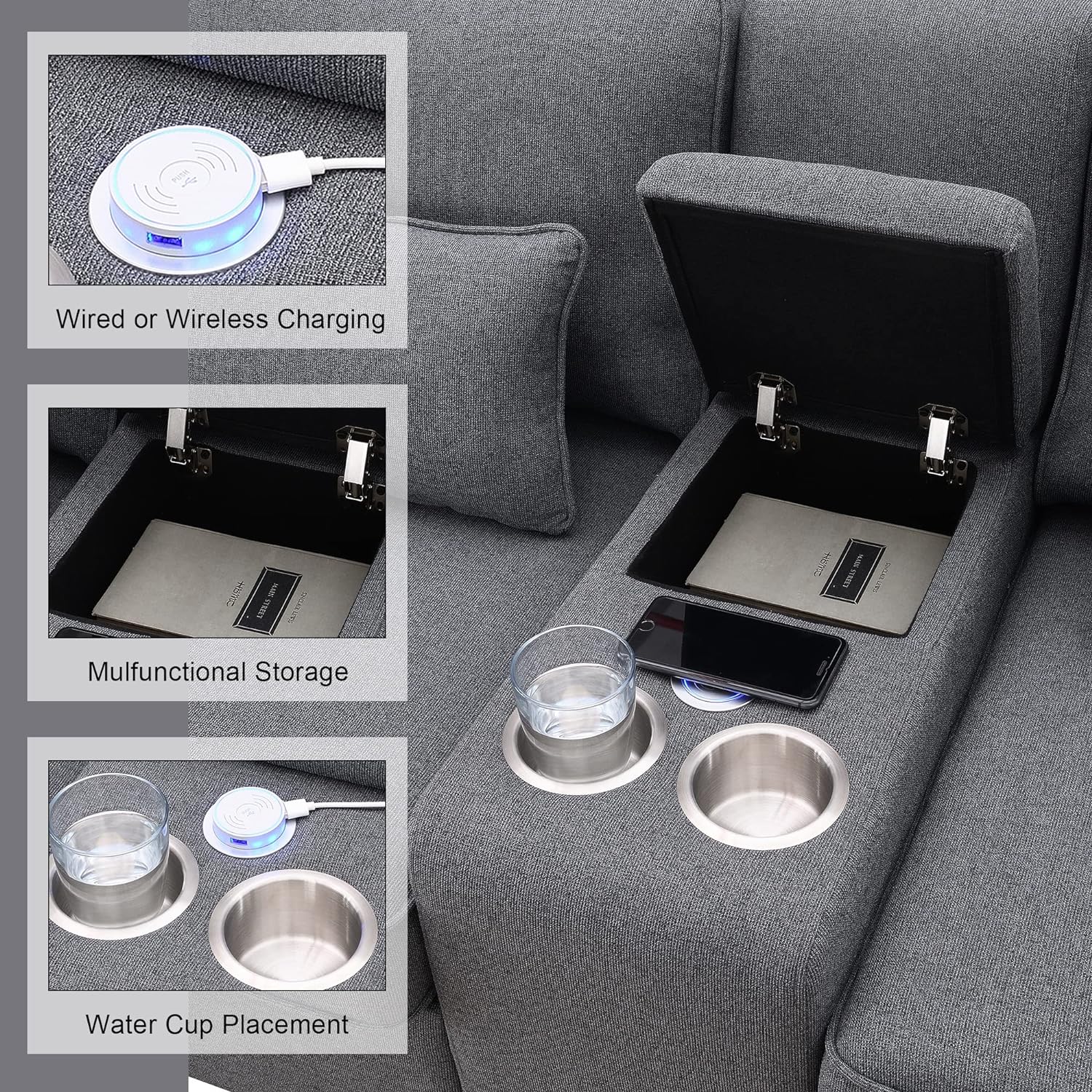 Sofá tapizado de 4 asientos de 114.2 pulgadas con mesa de centro almacenable y...