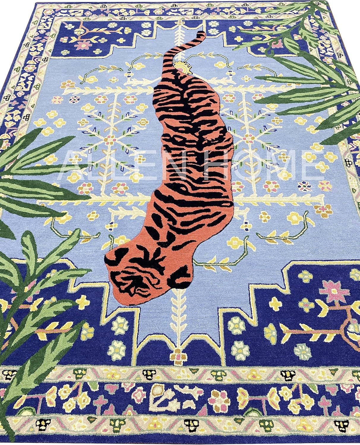 Alfombra de lana con estampado de tigre copetudo a mano, 6 x 9 pies, duradera,...